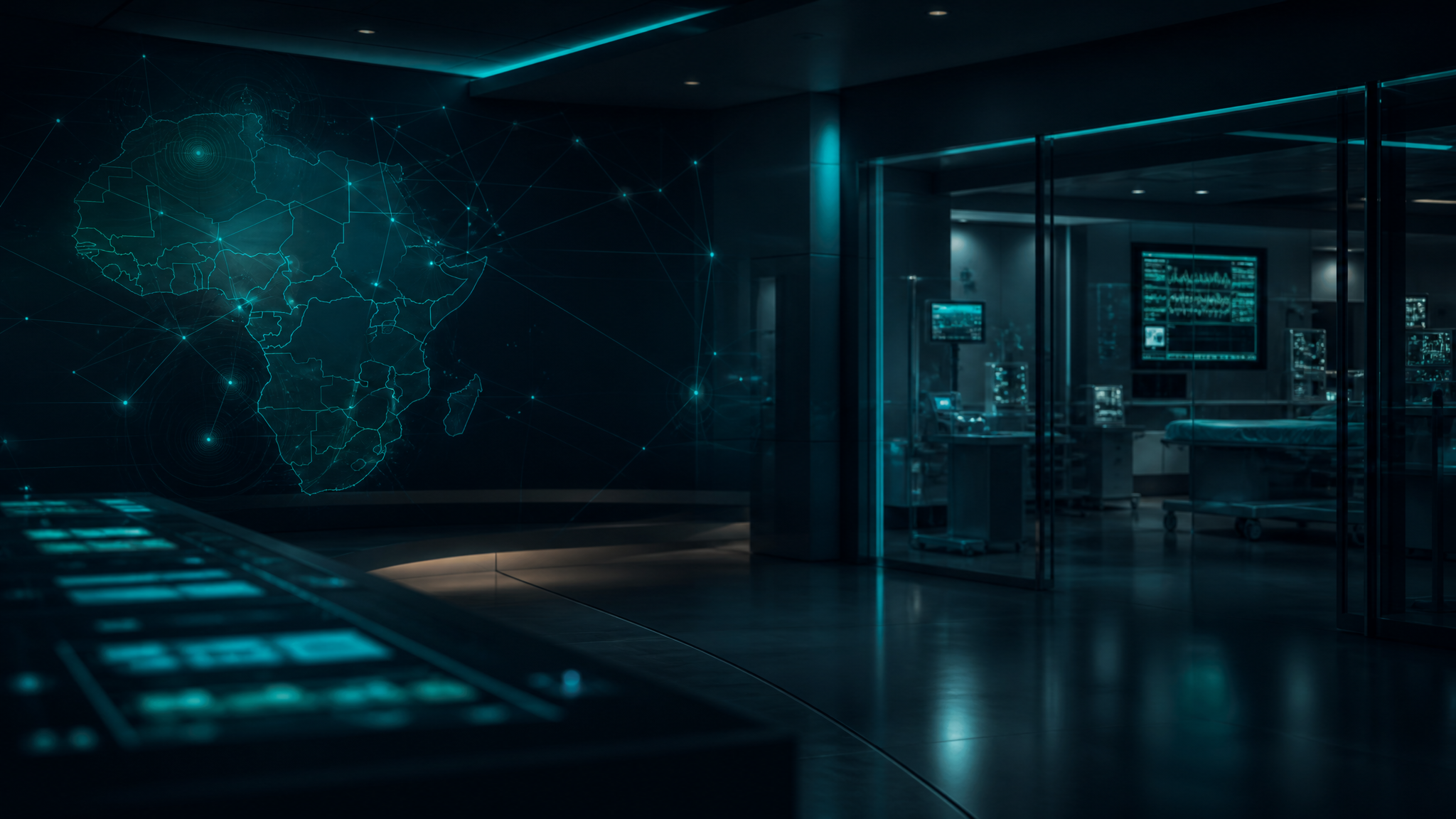 Modern healthcare quality and digital health command environment with teal data-network motifs across Africa